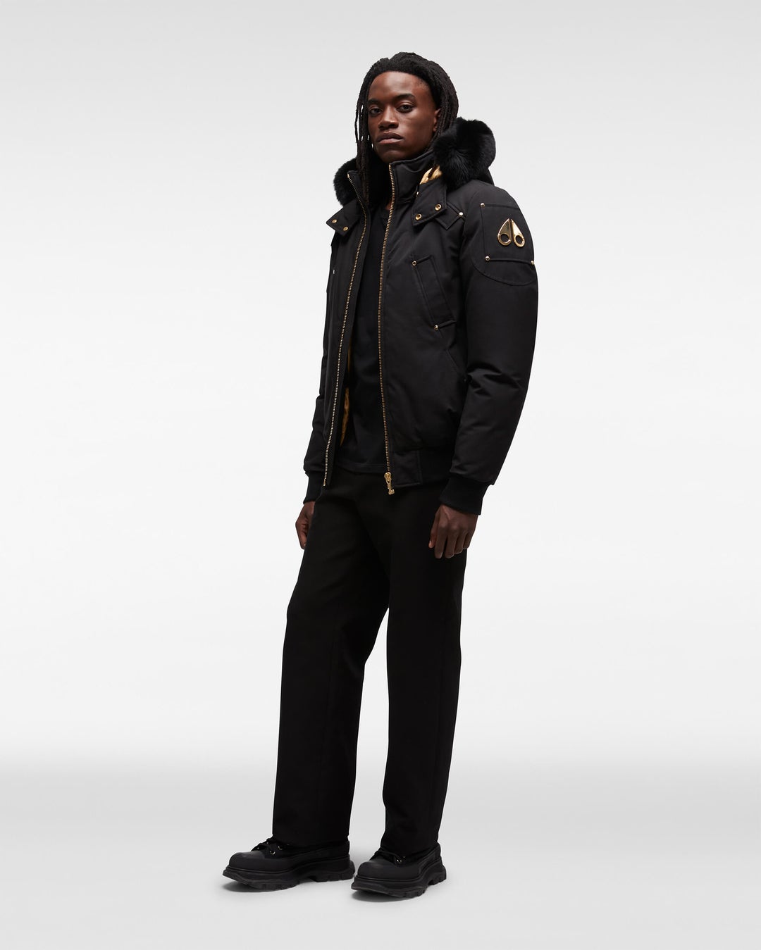 Black Moose Knuckles Gold Ballistic Fur Men Bomber Jacket | USA-COZXH3815