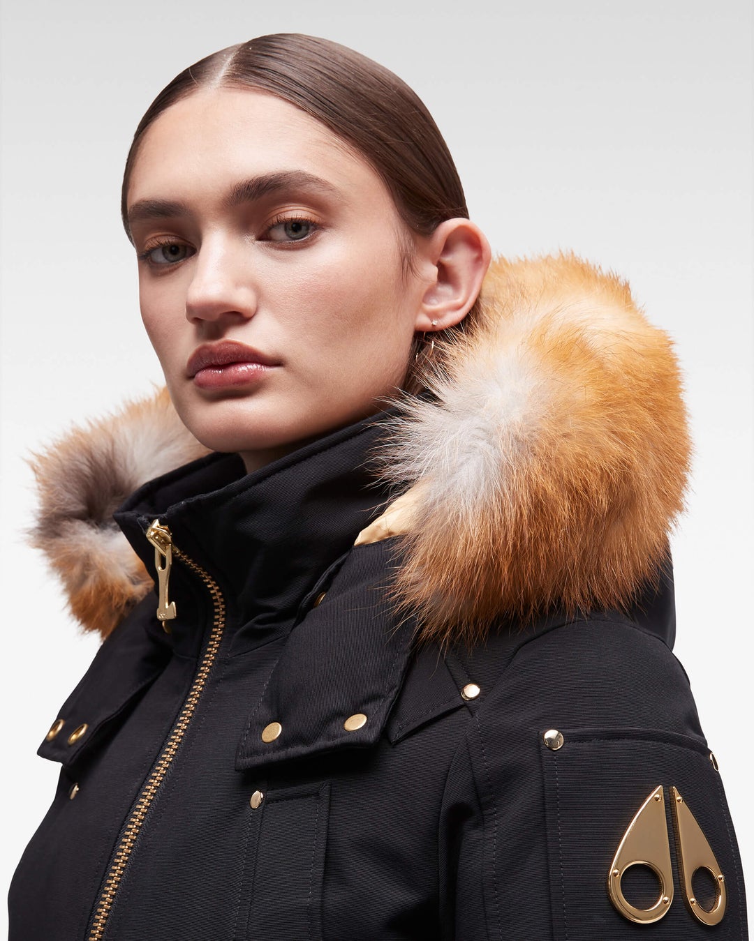 Black / Brown Moose Knuckles Gold Debbie Bomber Fur Women Winter Jacket | USA-UZPVX8456