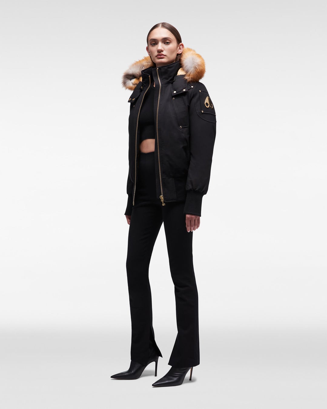 Black / Brown Moose Knuckles Gold Debbie Bomber Fur Women Winter Jacket | USA-UZPVX8456