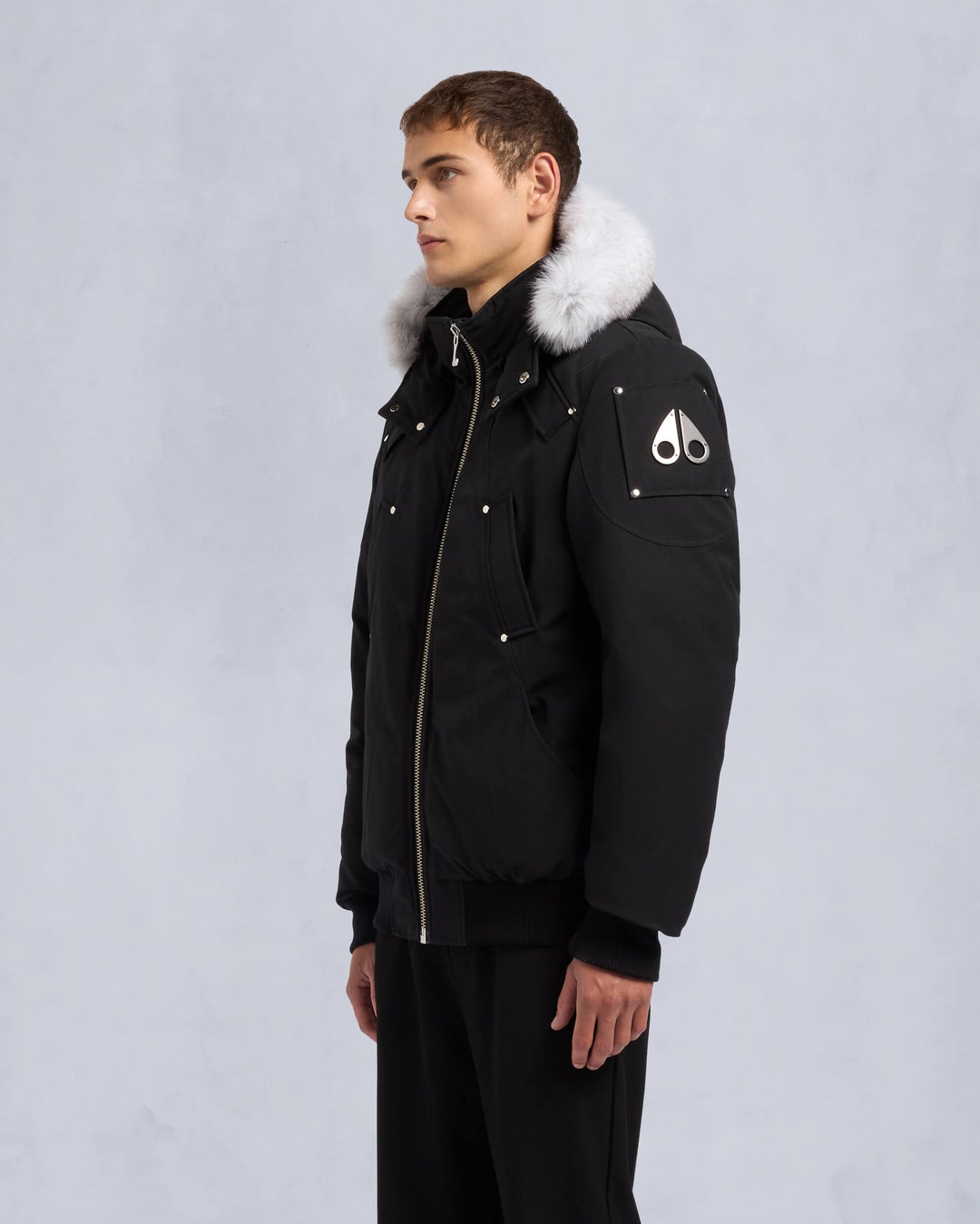 Black / White Moose Knuckles Original Ballistic Bomber Fur Men Winter Jacket | USA-QLJCV3601