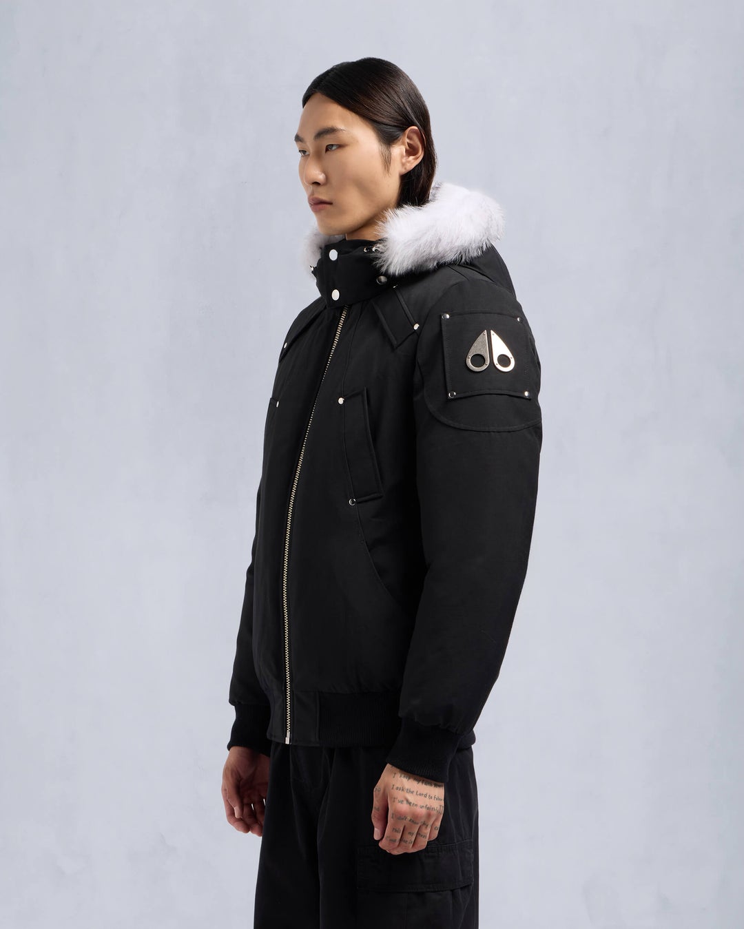 Black / White Moose Knuckles Originals Shearling Ballistic Men Bomber Jacket | USA-FYNKE9412