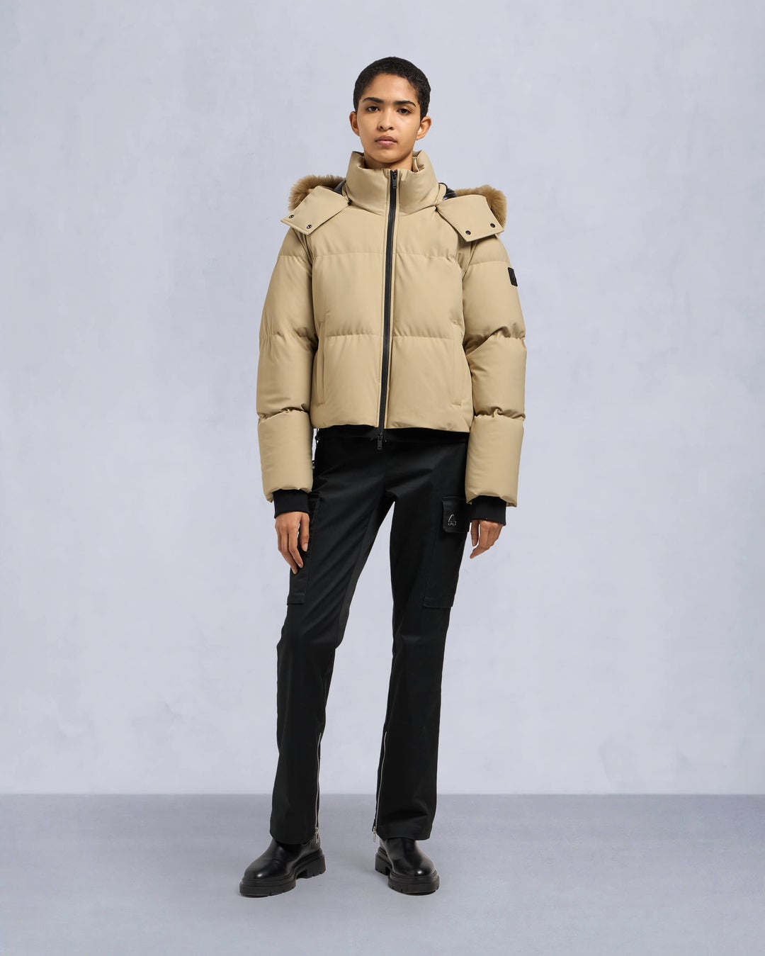 Khaki Moose Knuckles Misti Shearling Puffer Women Down Jacket | USA-HUEDI3845