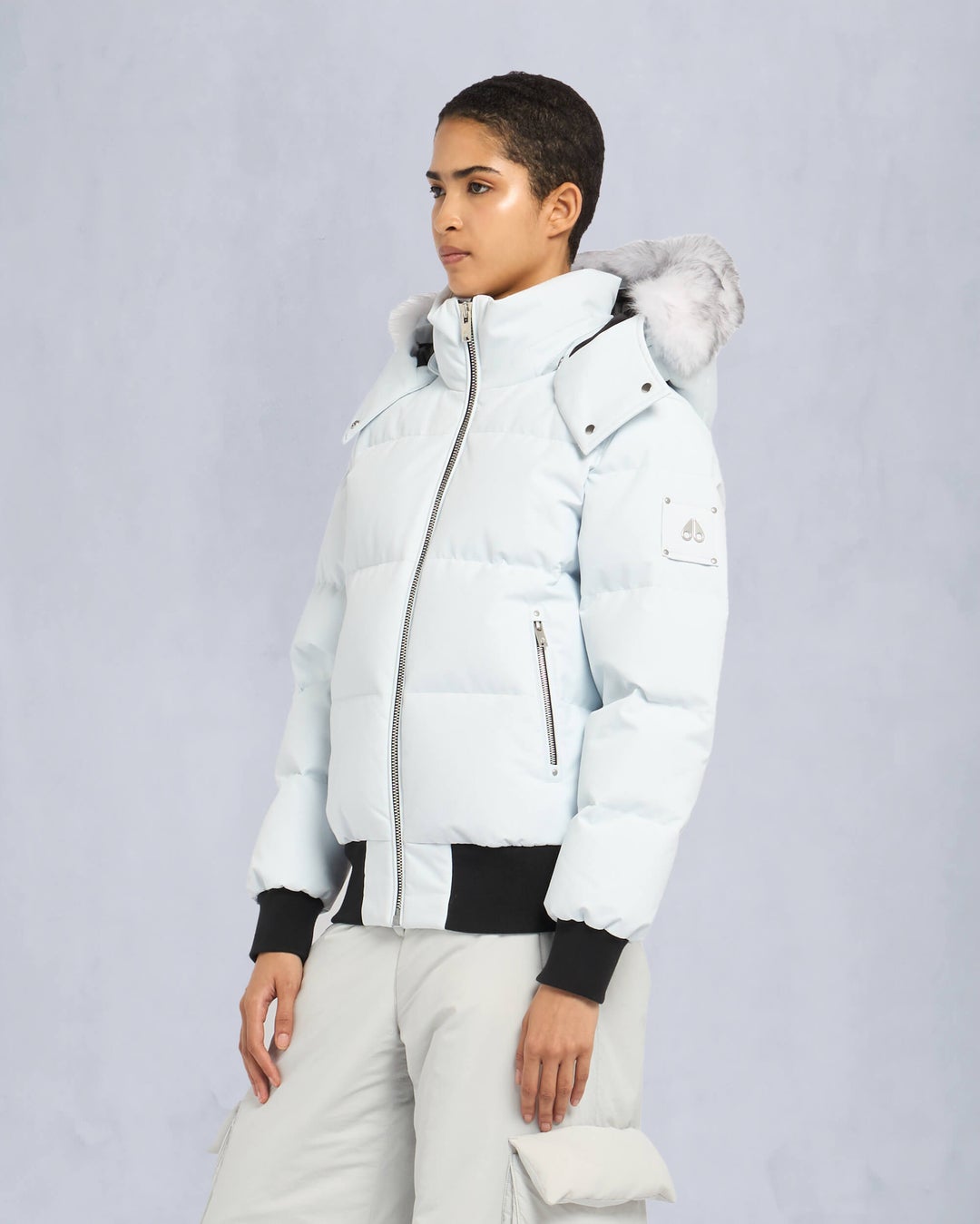 Light Blue Moose Knuckles Cloud Shearling Women Bomber Jacket | USA-EFPSQ5301