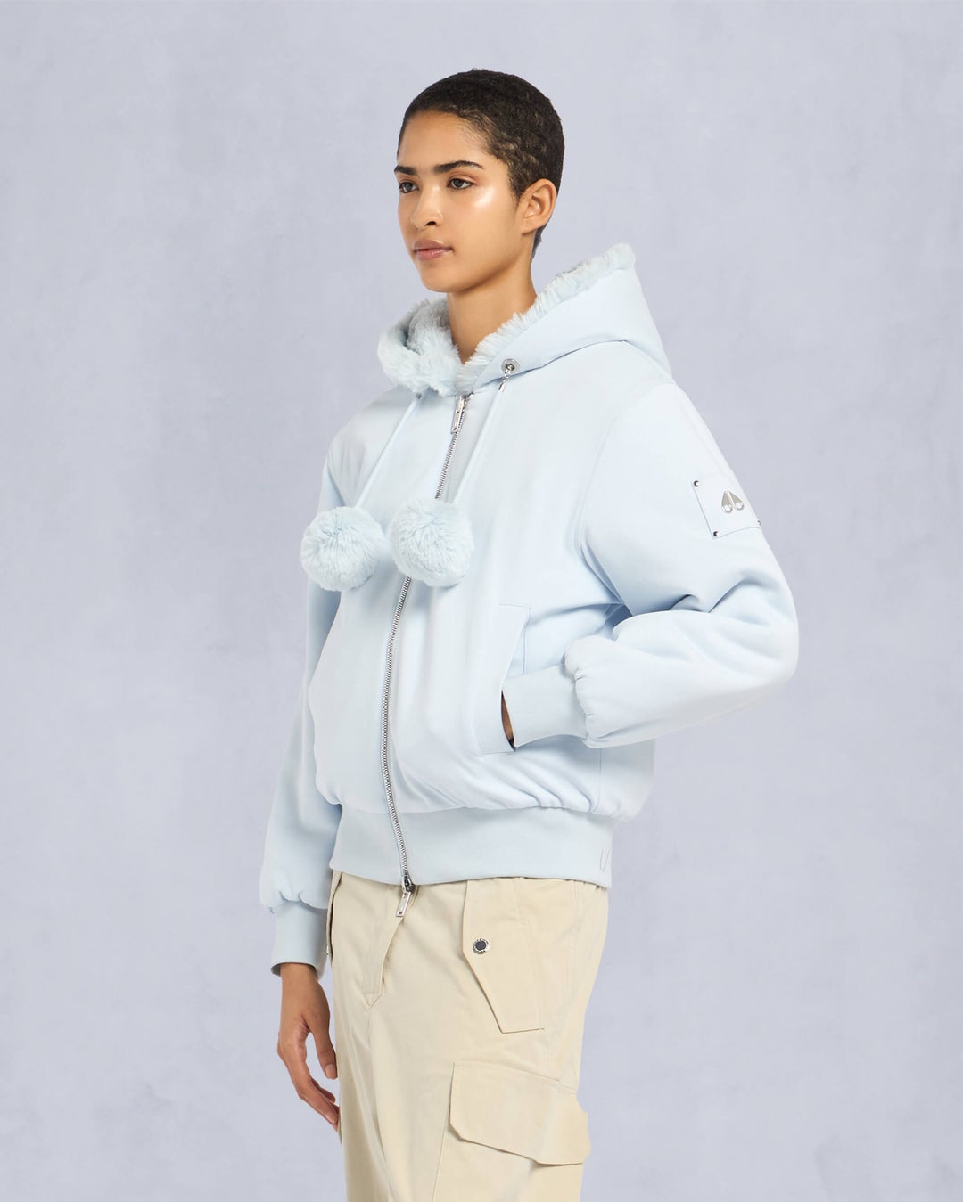 Light Blue Moose Knuckles Mealy Reversible Bunny Women Hoodie | USA-NKEOU3081