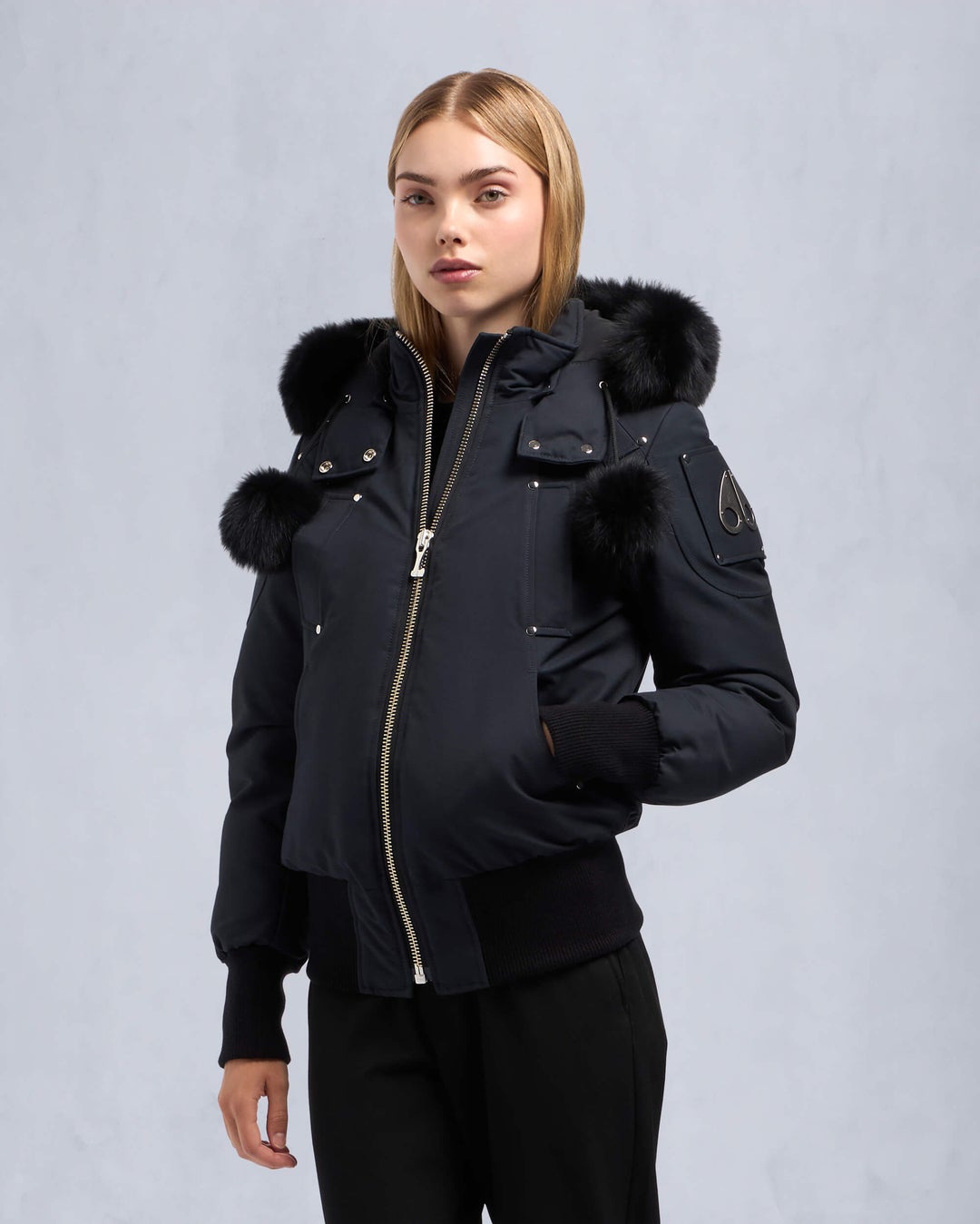 Navy / Black Moose Knuckles Original Debbie Bomber Fur Women Winter Jacket | USA-BWVCY2479