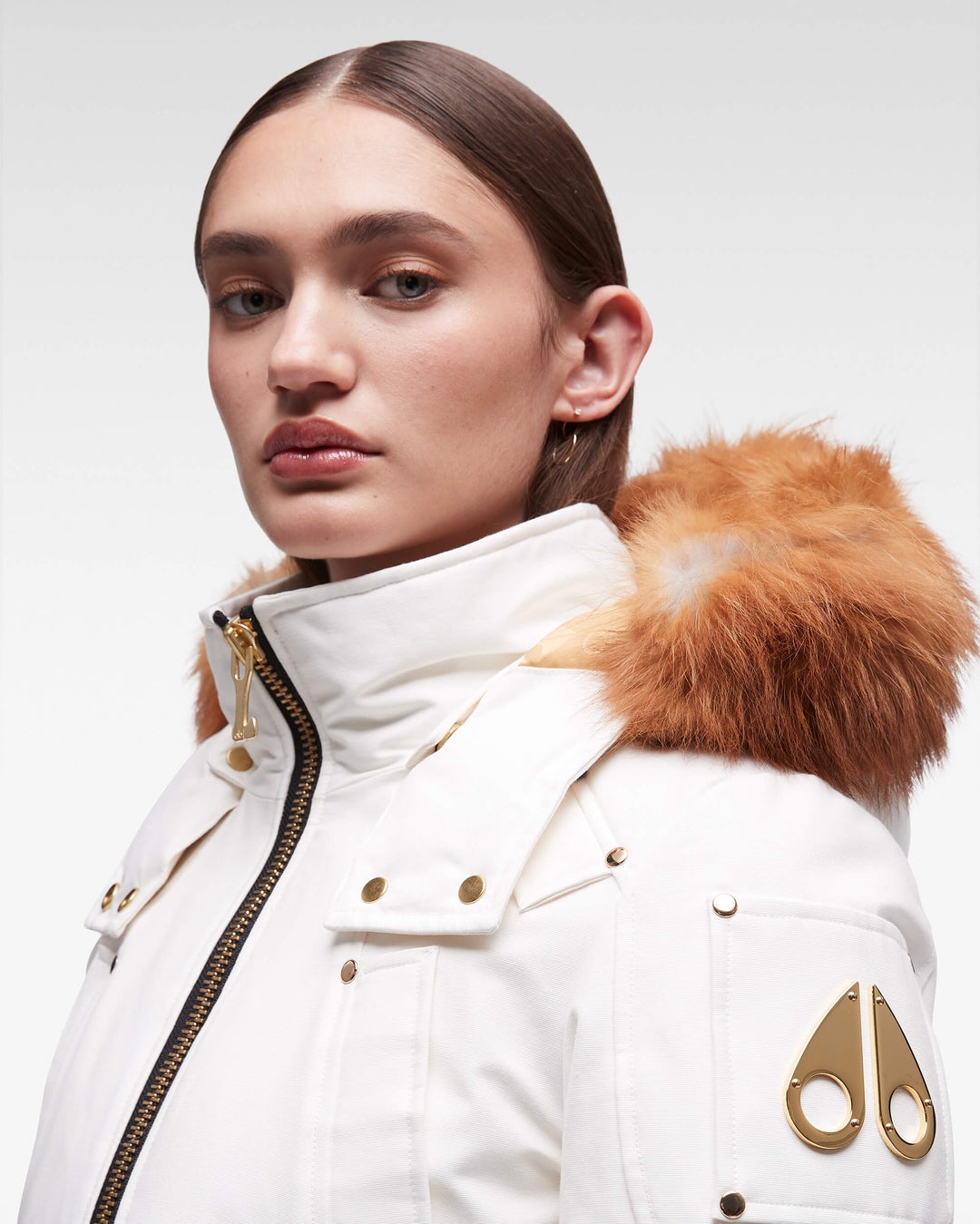 White / Brown Moose Knuckles Gold Debbie Bomber Fur Women Winter Jacket | USA-UKHYP5789